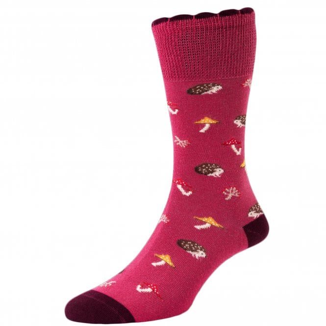 Hedgehog and Mushroom Dusky Rose Pink Comfort Top Ladies Socks by HJ Hall