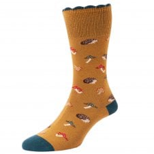 Hedgehog and Mushroom Ochre Gold Comfort Top Ladies Socks by HJ Hall