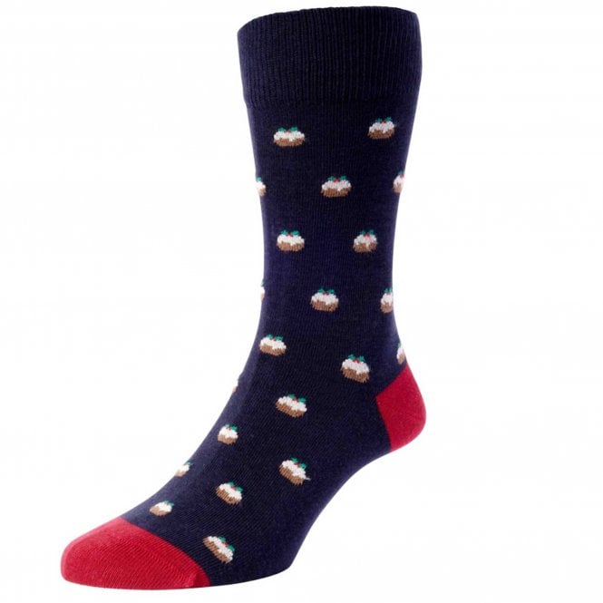 HJ Hall Christmas Pudding Navy Blue Cotton Rich Men's Socks