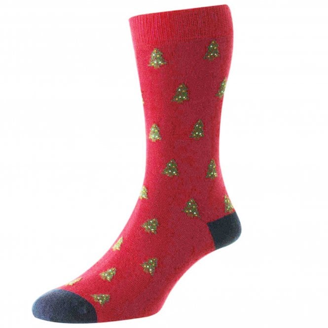 HJ Hall Christmas Tree Red & Navy Cotton Rich Men's Socks