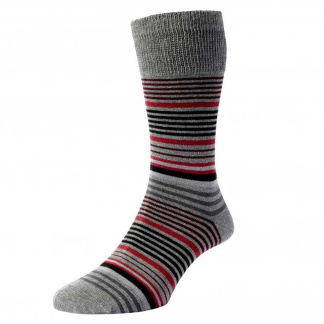 HJ Hall Grey, Red, Burgundy & Black Stripe Organic Cotton Comfort Top Men's Socks
