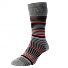 HJ Hall Grey, Red, Burgundy & Black Stripe Organic Cotton Comfort Top Men's Socks