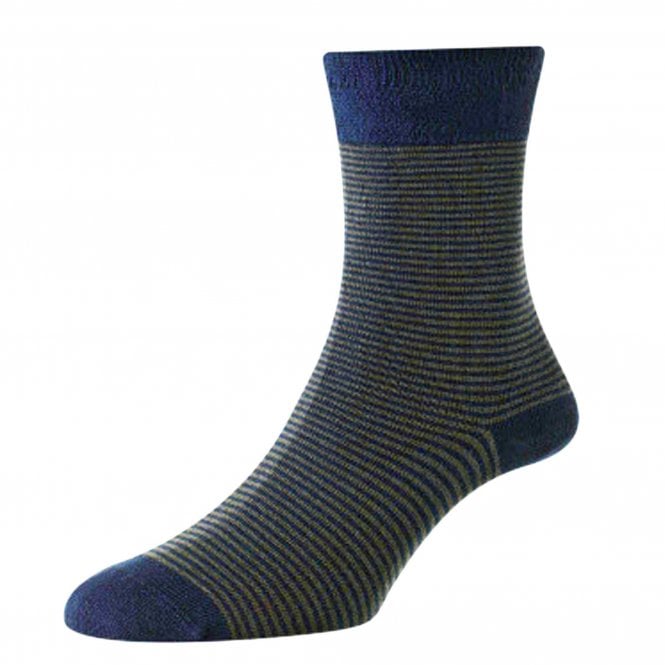 HJ Hall Navy Blue & Khaki Stripe Supersoft Bamboo Men's Socks