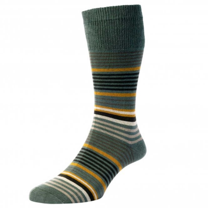 HJ Hall Olive, Brown, Beige & Gold Stripe Organic Cotton Comfort Top Men's Socks