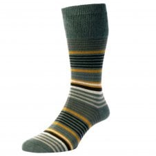 HJ Hall Olive, Brown, Beige & Gold Stripe Organic Cotton Comfort Top Men's Socks