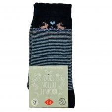 HJ Hall Rabbits & Hearts Navy Blue Striped Organic Cotton Ladies Socks