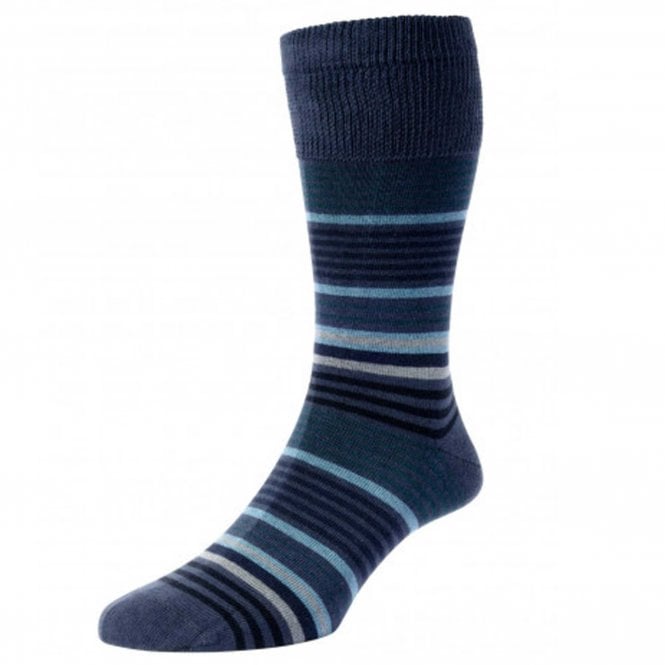 HJ Hall Slate Blue, Teal, Light Blue, Grey & Black Stripe Organic Cotton Comfort Top Men's Socks
