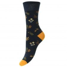 HJ Hall Woodland Motif Navy Blue Cotton Comfort Top Ladies Socks