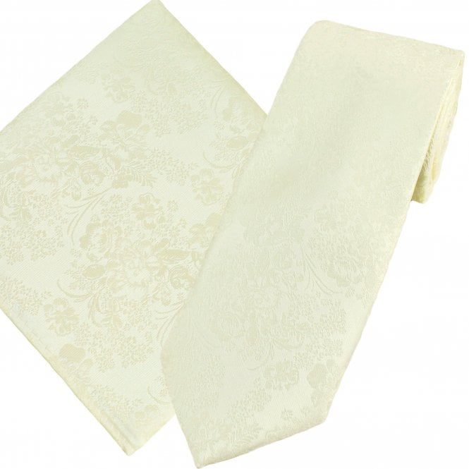 Ivory Pretty Floral Pattern Men's Tie & Pocket Square Handkerchief Set