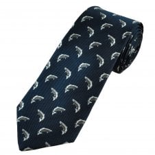 Leaping Salmon Silver & Navy Blue Luxury Silk Tie