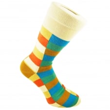Lemon Yellow, Blue, Green & Orange Rectangle Patterned Men's Socks