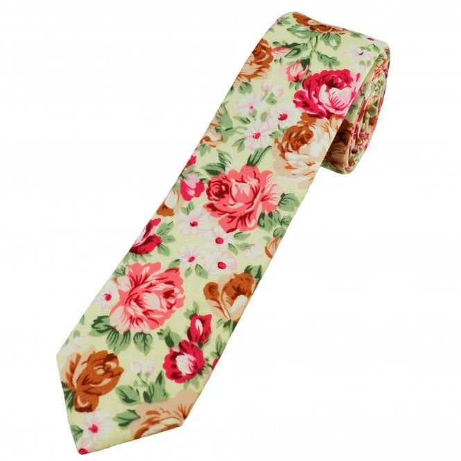Lemon Yellow, Pink, Brown, White & Green Flower Patterned Cotton Boys Tie