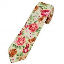 Lemon Yellow, Pink, Brown, White & Green Flower Patterned Cotton Boys Tie