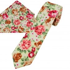 Lemon Yellow, Pink, Brown, White & Green Flower Patterned Cotton Boys Tie & Pocket Square Handkerchief Set