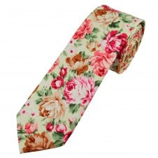 Lemon Yellow, Pink, Brown, White & Green Flower Patterned Cotton Men's Skinny Tie