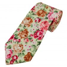 Lemon Yellow, Pink, Brown, White & Green Flower Patterned Cotton Men's Tie