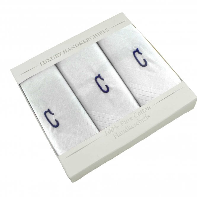 Letter C Initial 100% Cotton Men's White Handkerchief 3-Pack Set