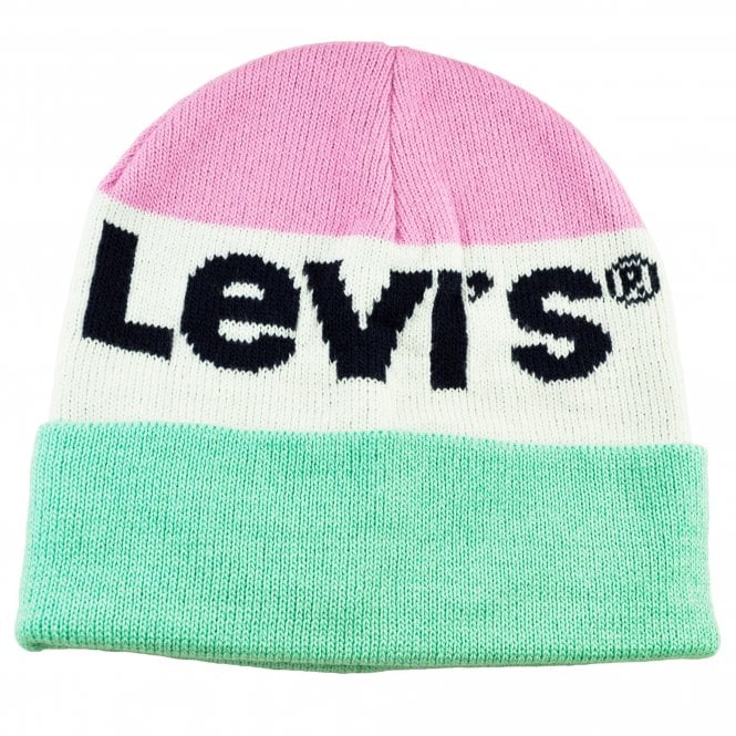 Levi's Pink, White & Green Striped Beanie Hat