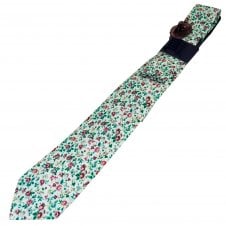 Light Blue Flower Patterned Men's Designer Tie & Pocket Square Handkerchief with Burgundy Flower Stick Pin Buttonhole