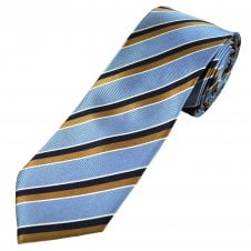 Light Blue, Navy Blue, Brown & White Stripe Men's Luxury Silk Tie