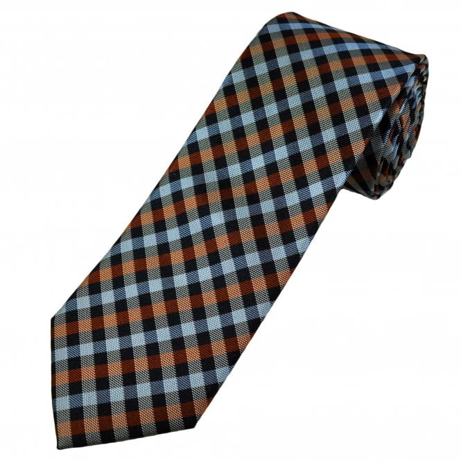 Light Blue, Navy, Rust Orange & White Checked Men's Silk Tie