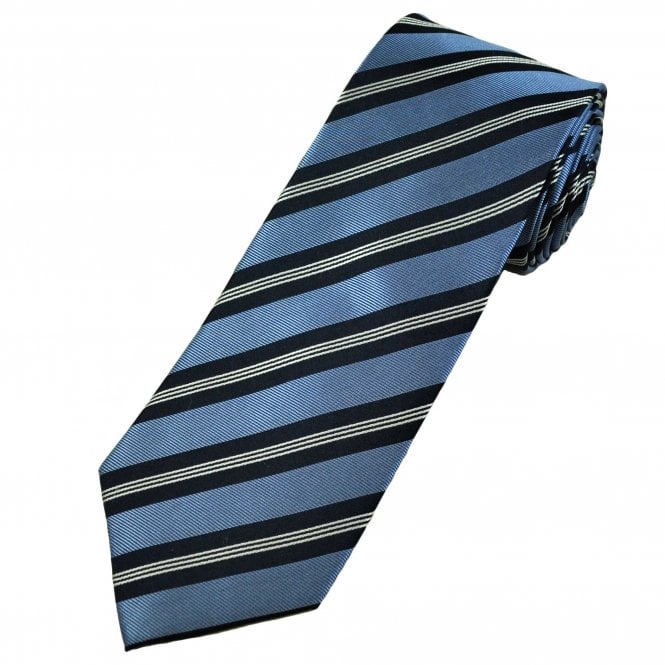 Light Blue, Navy & White Stripe Pattern Men's Silk Tie