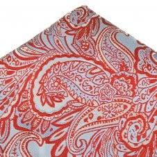 Light Blue, Red & Silver Paisley Patterned Silk Pocket Square Handkerchief