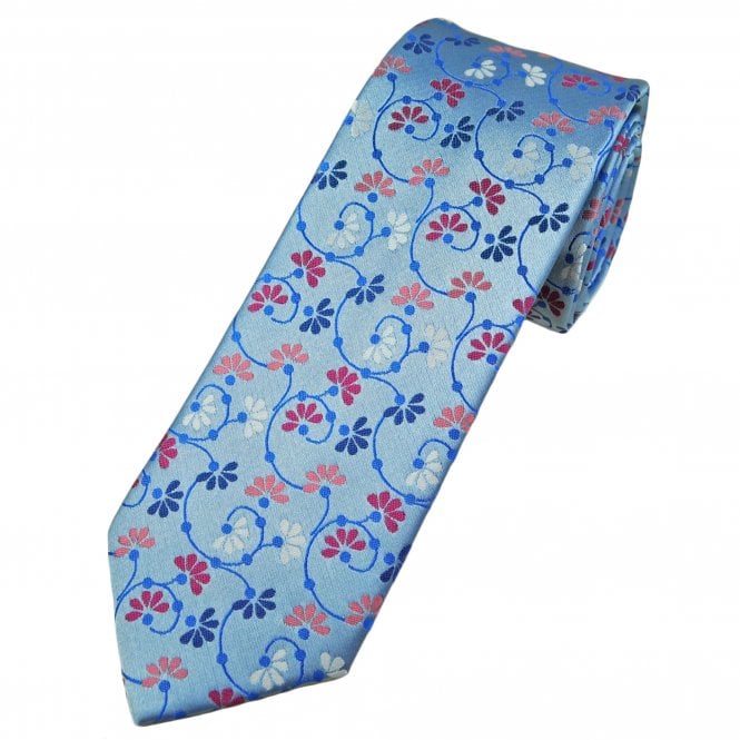 Light Blue, White, Cerise Pink, Coral & Navy Blue Floral Pattern Men's Tie