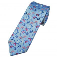 Light Blue, White, Cerise Pink, Coral & Navy Blue Floral Pattern Men's Tie