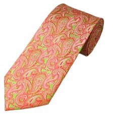Lime Green & Coral Paisley Patterned Men's Silk Tie