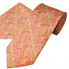 Lime Green & Coral Paisley Patterned Men's Silk Tie & Pocket Square Handkerchief Set