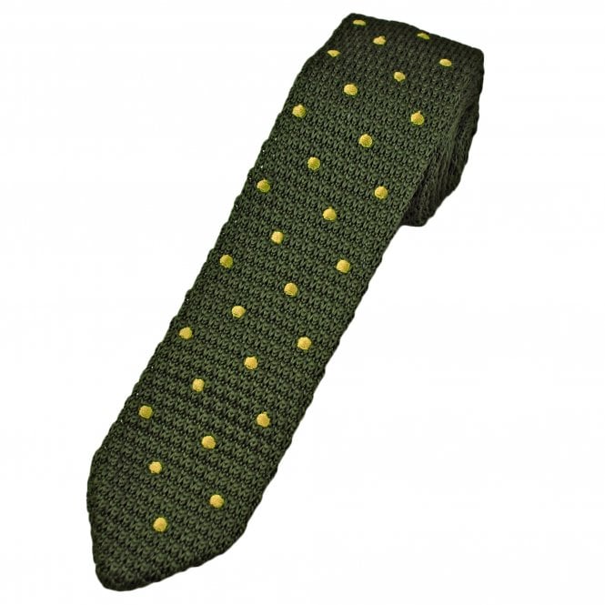 Lovat Green & Mustard Yellow Polka Dot Pointed End Men's Knitted Tie