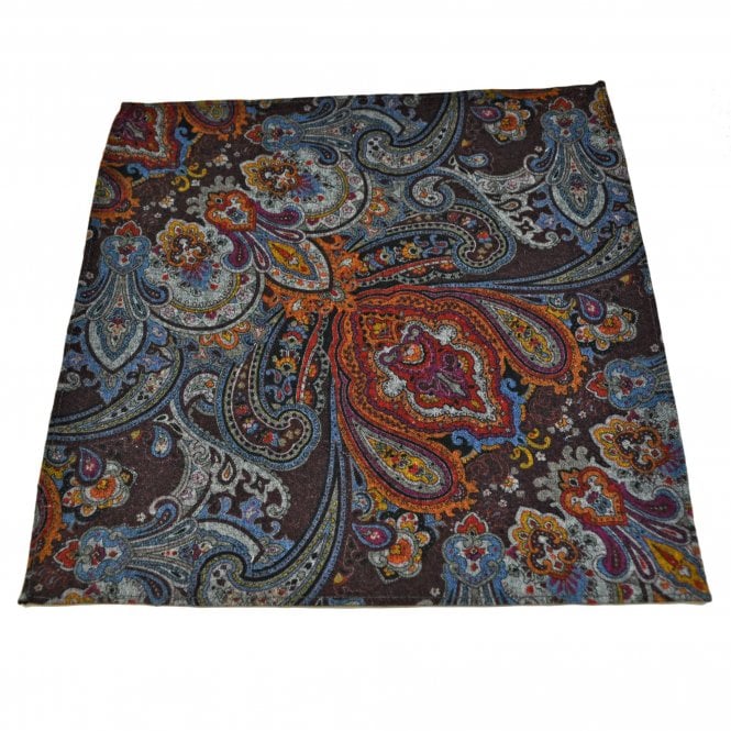 Lupi Romani 100% Cotton Designer Pocket Square - Dark Brown, Blue, Orange, Red & Grey Paisley Pattern