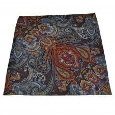 Lupi Romani 100% Cotton Designer Pocket Square - Dark Brown, Blue, Orange, Red & Grey Paisley Pattern