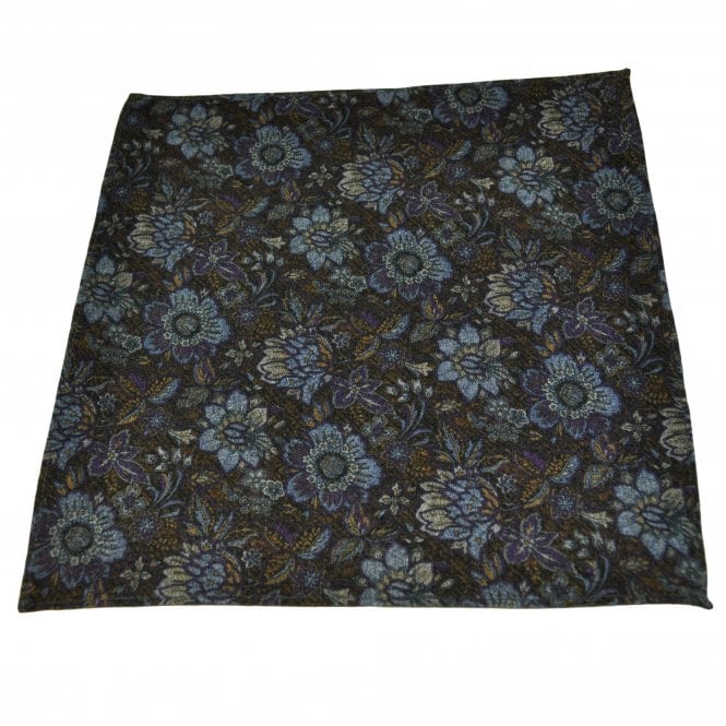 Lupi Romani 100% Cotton Designer Pocket Square - Dark Brown, Copper, Blue & Beige Floral Pattern