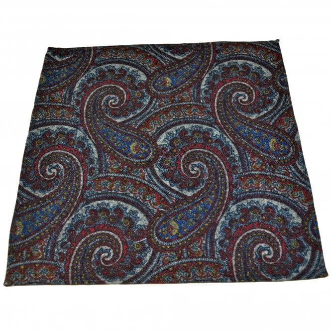 Lupi Romani 100% Cotton Designer Pocket Square - Maroon, Blue & Grey Paisley Pattern