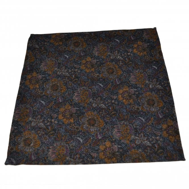 Lupi Romani 100% Cotton Designer Pocket Square - Navy Blue, Burnt Orange, Red & Grey Floral Pattern