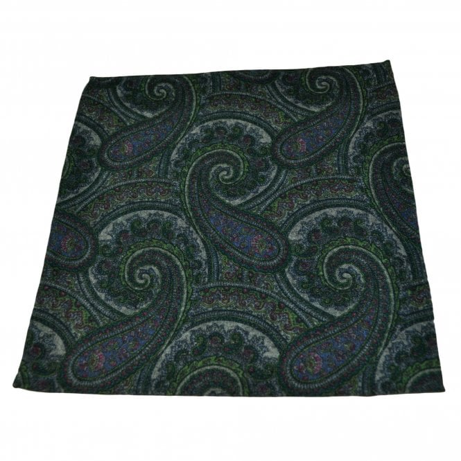 Lupi Romani 100% Cotton Designer Pocket Square - Navy Blue, Green, Grey & Cerise Pink Paisley Pattern