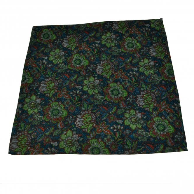 Lupi Romani 100% Cotton Designer Pocket Square - Navy Blue, Green, Orange & Grey Floral Pattern