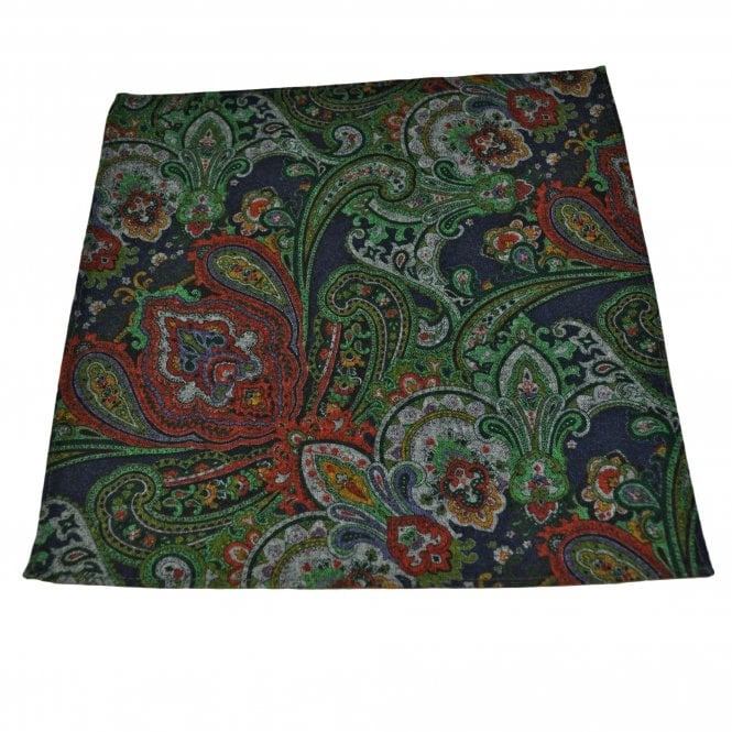 Lupi Romani 100% Cotton Designer Pocket Square - Navy Blue, Green, Red, Grey & Orange Paisley Pattern