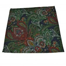 Lupi Romani 100% Cotton Designer Pocket Square - Navy Blue, Green, Red, Grey & Orange Paisley Pattern