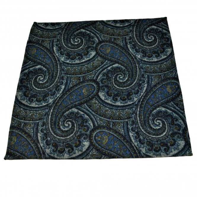 Lupi Romani 100% Cotton Designer Pocket Square - Navy, Blue, Grey & Gold Paisley Pattern