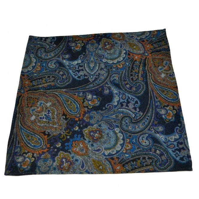 Lupi Romani 100% Cotton Designer Pocket Square - Navy, Blue, Orange & Grey Paisley Pattern