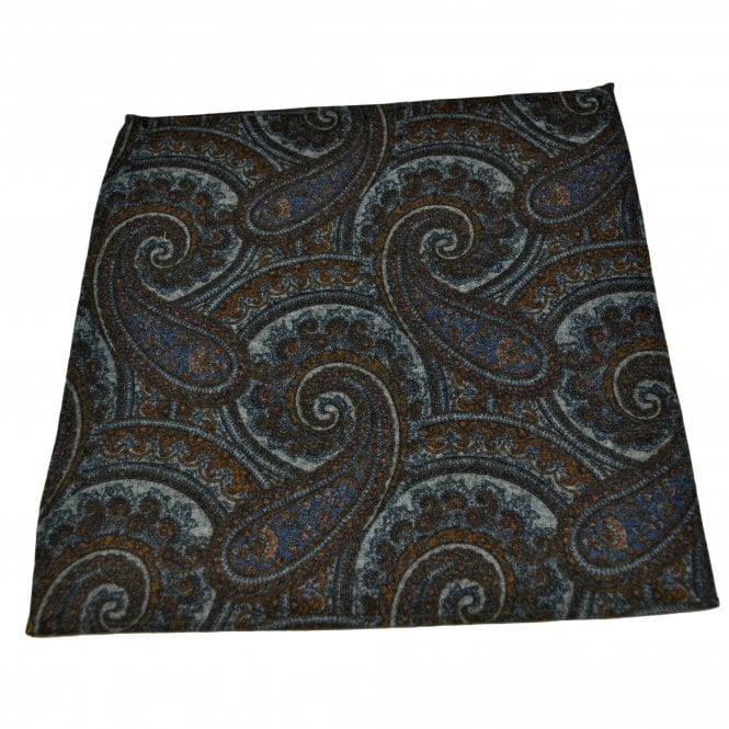 Lupi Romani 100% Cotton Designer Pocket Square - Shades of Brown, Grey & Navy Blue Paisley Pattern