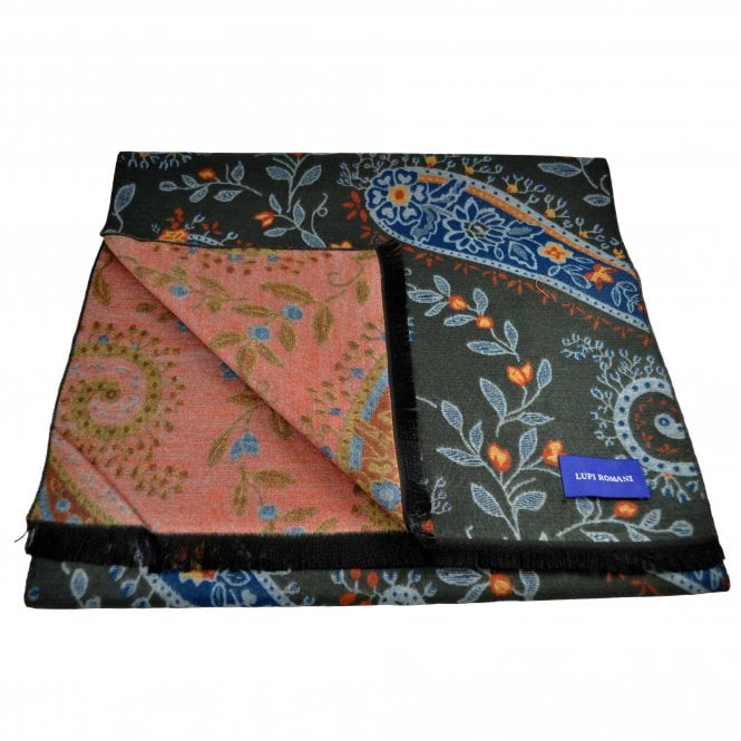 Lupi Romani Dark Grey, Blue, Silver & Orange Flower Patterned Scarf