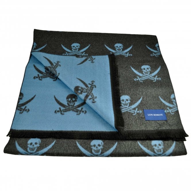Lupi Romani Grey & Blue Skull & Crossed Swords Patterned Double Face Scarf