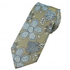 Luxury Beige, Blue & Silver Flower Patterned Men's Silk Tie
