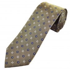 Luxury Camel Beige With Navy Blue & Silver Flower Patterned Men's Silk Tie