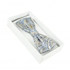 Luxury Caramel Gold, Blue & Silver Paisley Patterned Men's Silk Bow Tie