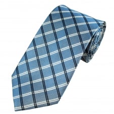 Luxury Light Blue, Black & White Checked Silk Tie
